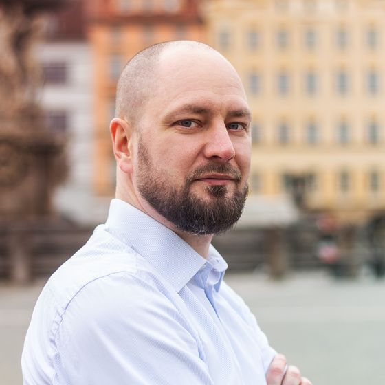 Tomáš Kuba, CEO of Advea, on the town square in České Budějovice